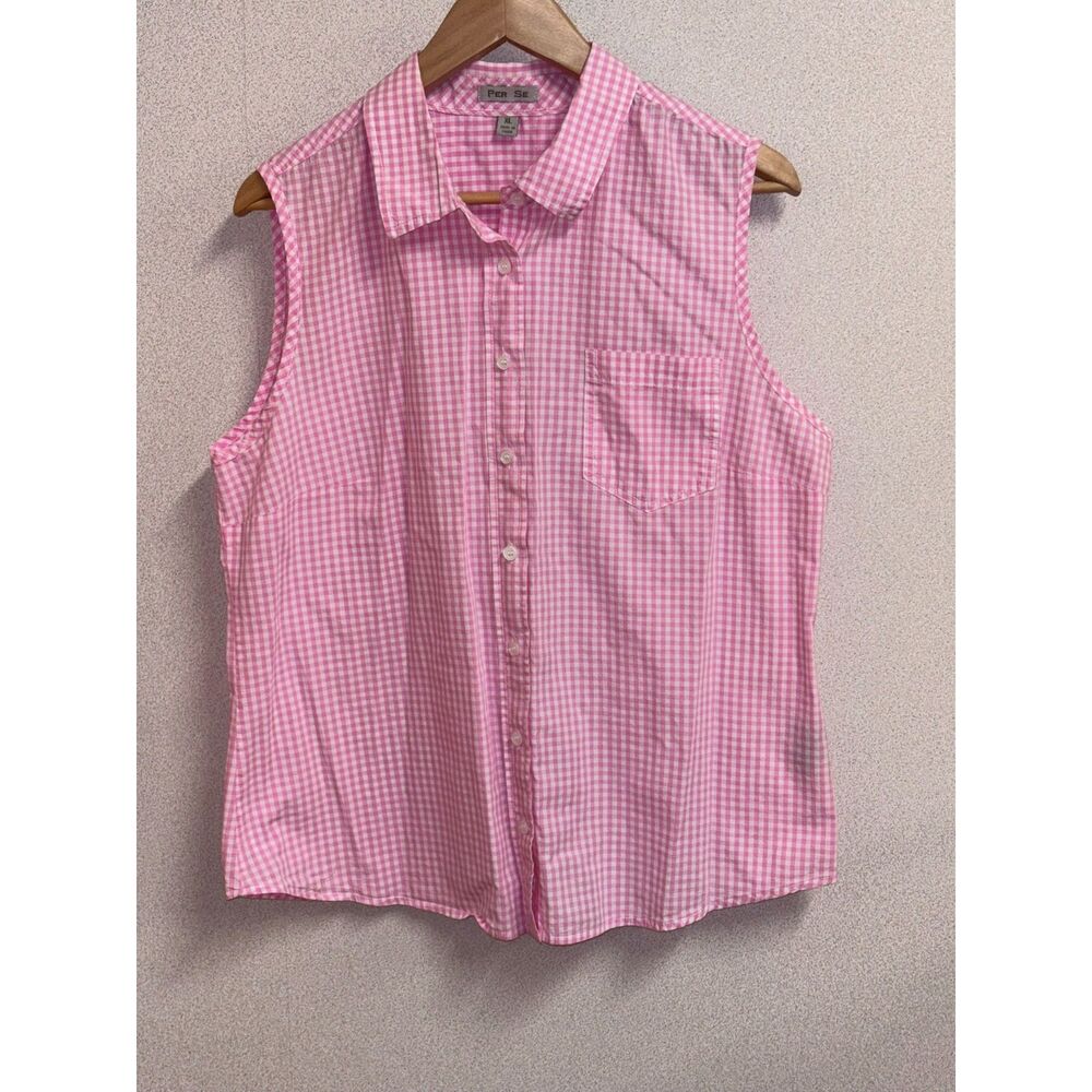 Per Se Pink Gingham Sleeveless Button Front Cotton Shirt XL Preppy Cottagecore